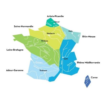 carte des 6 bassins hydrographiques métropolitains